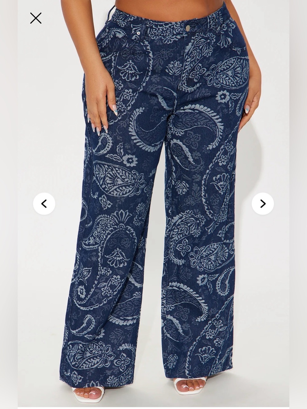 Wide Leg Paisley Print Pants - Navy